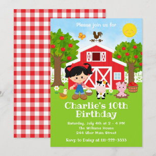 Invitación Cumpleaños Granero Rojo Chica Cabello Negro