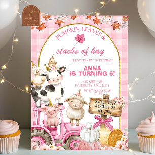 Invitación Cumpleaños granja animal calabaza Gingham rosa oto