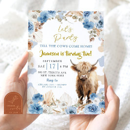 Invitación Cumpleaños granjero boho azul vaca Highland