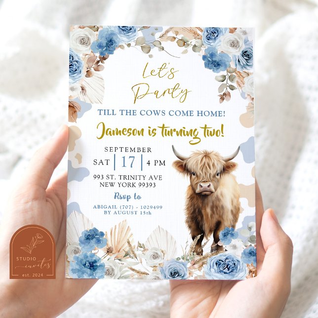 Invitación Cumpleaños granjero boho azul vaca Highland (Subido por el creador)