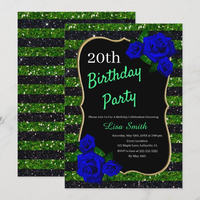 Invitación Cumpleaños Green Black Stripe Purpurina Deep Blue  (Anverso / Reverso)