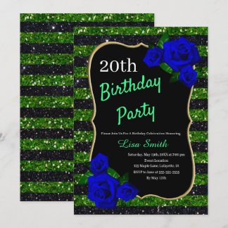 Invitación Cumpleaños Green Black Stripe Purpurina Deep Blue
