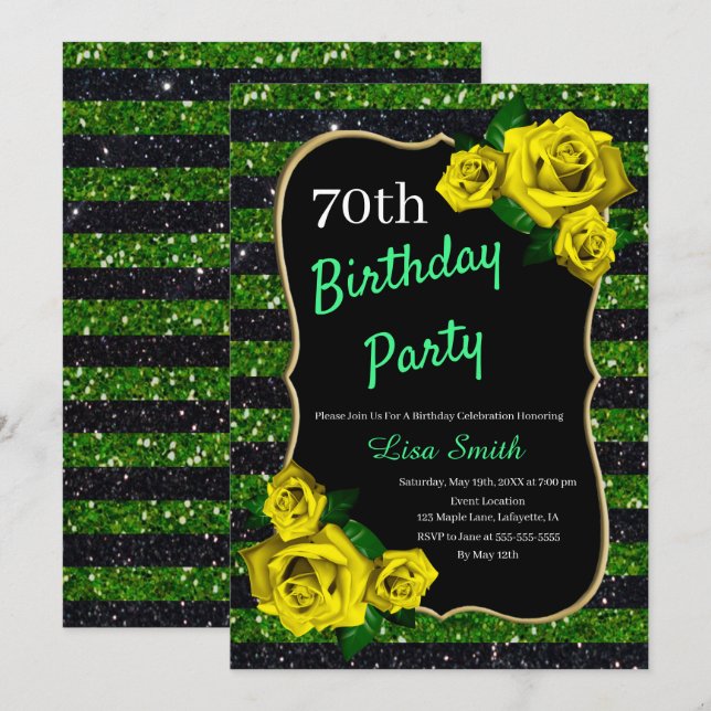 Invitación Cumpleaños Green Black Stripes Purpurina Rosas Ama (Anverso / Reverso)