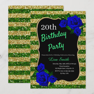 Invitación Cumpleaños Green Gold Stripes Purpurina Deep Blue