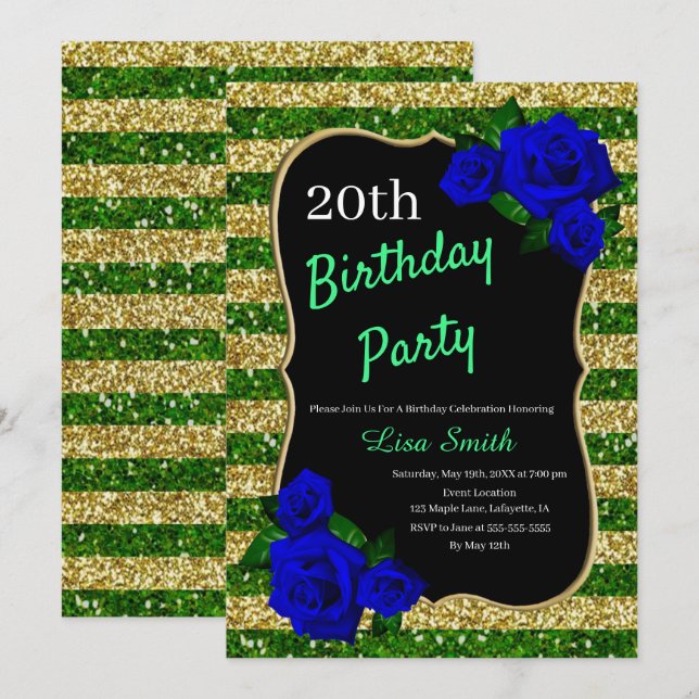 Invitación Cumpleaños Green Gold Stripes Purpurina Deep Blue  (Anverso / Reverso)