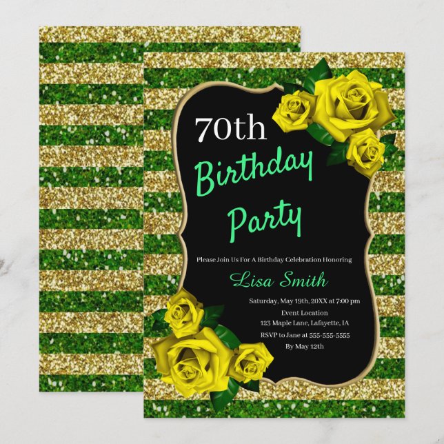 Invitación Cumpleaños Green Gold Stripes Purpurina Rosas Amar (Anverso / Reverso)