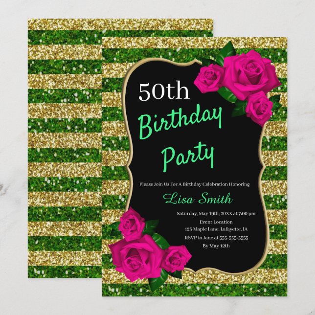 Invitación Cumpleaños Green Gold Stripes Purpurina Roses rosa (Anverso / Reverso)