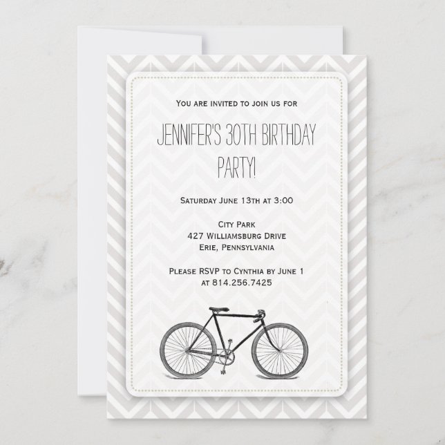 Invitación Cumpleaños gris elegante de la bicicleta del (Anverso)