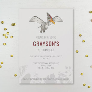 Invitación Cumpleaños Gris Minimalista de Dinosaurio Pteranod