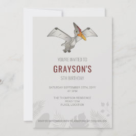 Invitación Cumpleaños Gris Minimalista Dinosaurio Pteranodon