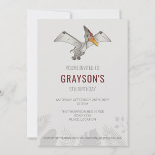Invitación Cumpleaños Gris Minimalista Dinosaurio Pteranodon