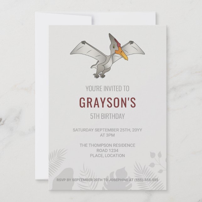 Invitación Cumpleaños Gris Minimalista Dinosaurio Pteranodon (Anverso)