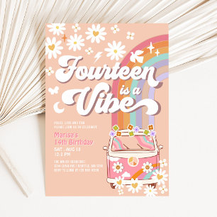 Invitación Cumpleaños Groovy 14 con ambiente Hippie de margar