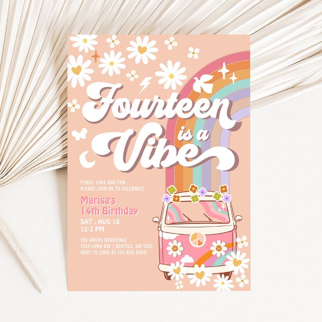 Invitación Cumpleaños Groovy 14 con ambiente Hippie de margar (Subido por el creador)