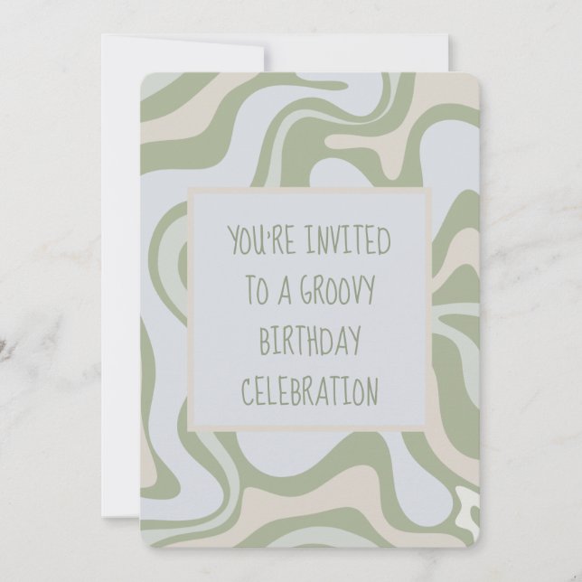 Invitación Cumpleaños Groovy en Sage Green (Anverso)
