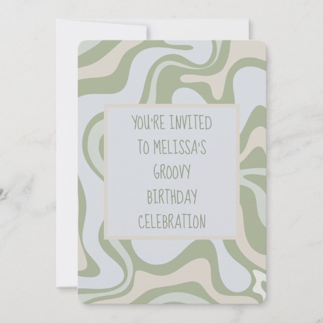 Invitación Cumpleaños Groovy en Verde Salvia (Anverso)