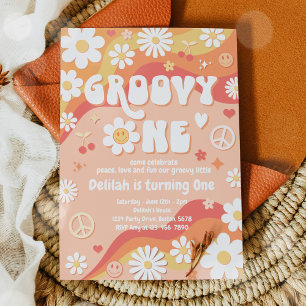 Invitación Cumpleaños Groovy One Daisy Floral 70s Paz Hippie