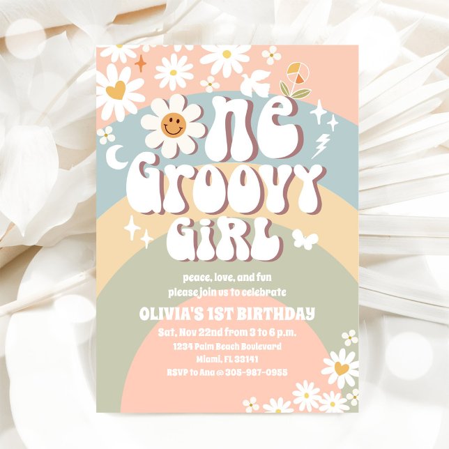 Invitación Cumpleaños Groovy Rainbow Daisy 1er año (Subido por el creador)