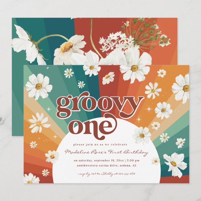 Invitación Cumpleaños Groovy Uno | Retró Daisys Arcoíris (Anverso / Reverso)