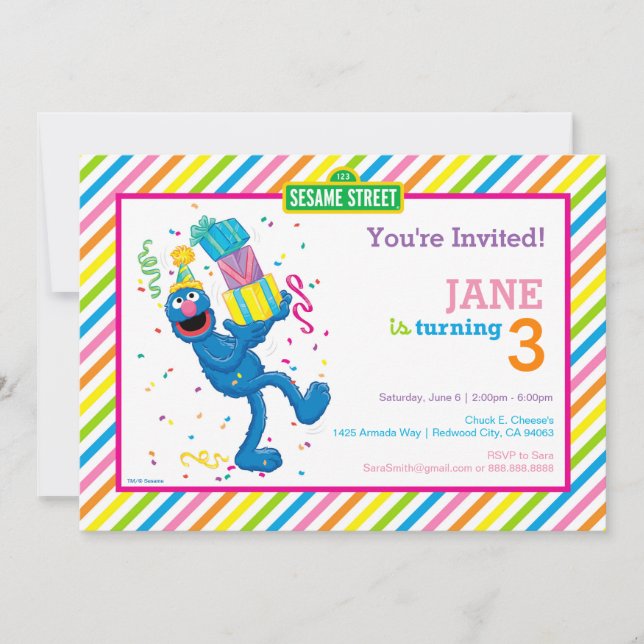 Invitación Cumpleaños Grover Colorful Strin (Anverso)