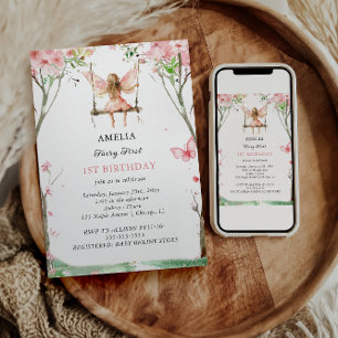 Invitación Cumpleaños hadas acuarela floral niñas 1er cumplea