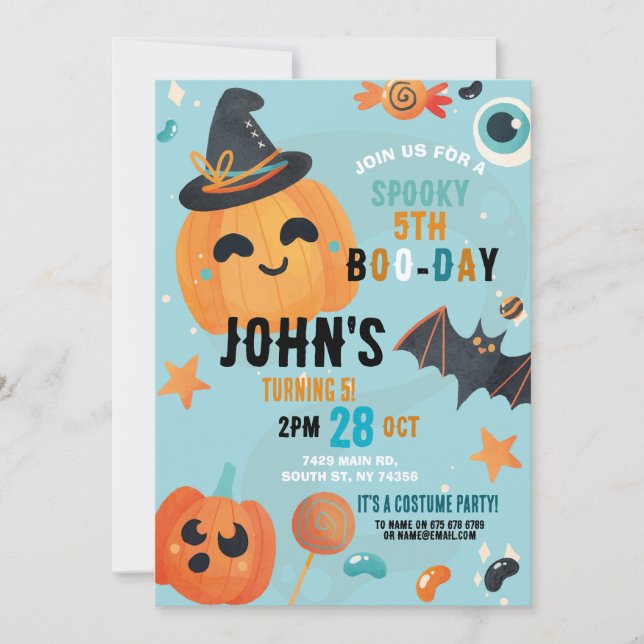 Invitación Cumpleaños Halloween Calabaza Azul Fiesta Niños (Anverso)