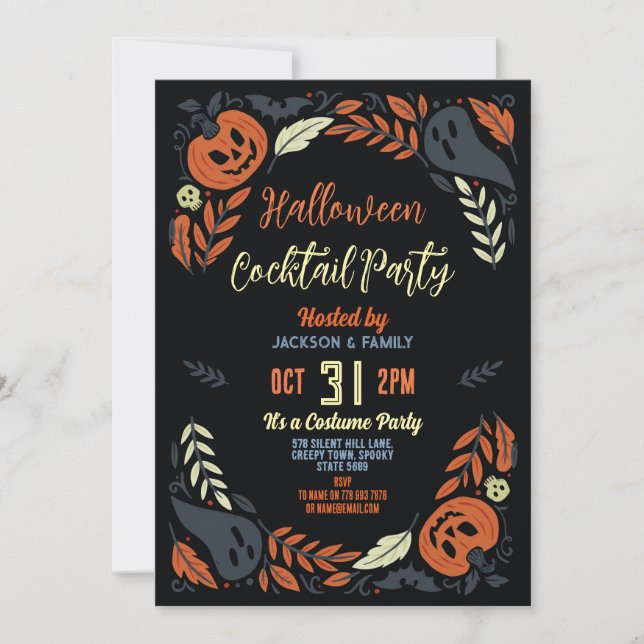 Invitación Cumpleaños Halloween Calabaza Fiesta Fantasma Cóct (Anverso)