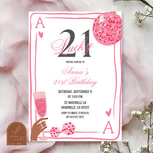 Invitación Cumpleaños Hand Drawn Casino Rosa Lucky 21