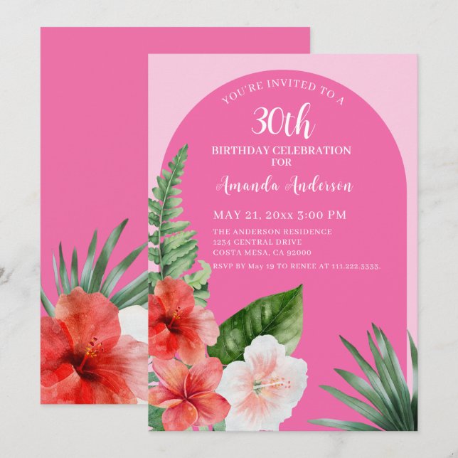 Invitación Cumpleaños hawaiano rosa 30  (Anverso / Reverso)