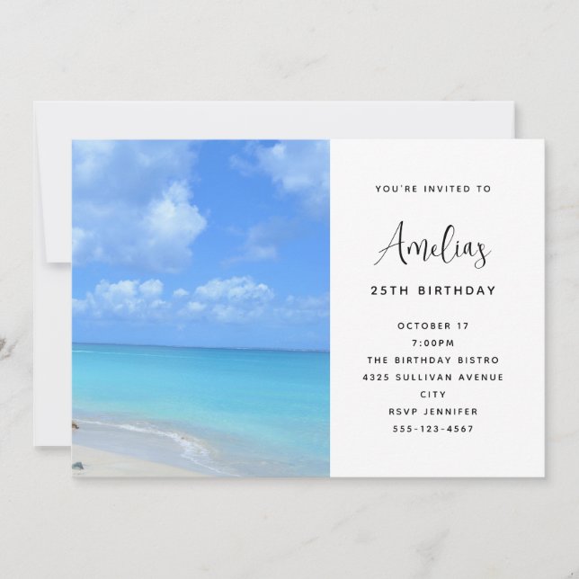 Invitación Cumpleaños Hermosa Playa Tropical Turquesa (Anverso)