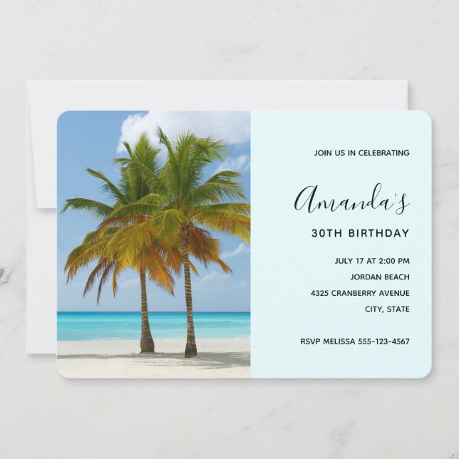 Invitación Cumpleaños Hermosos Palmerales en una Playa Tropic (Anverso)