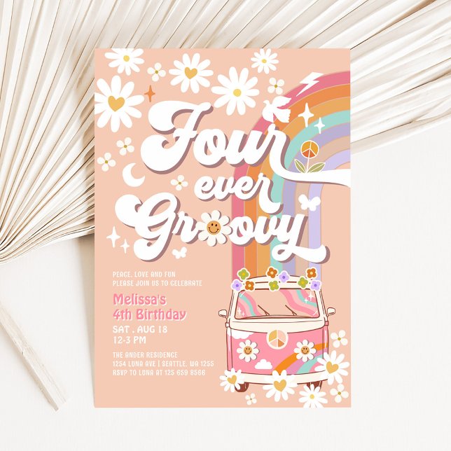 Invitación Cumpleaños Hippie de Daisy Arcoíris Groovy por Sie (Subido por el creador)