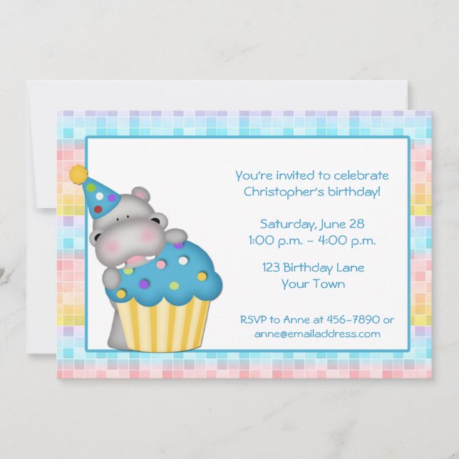 Invitación Cumpleaños Hippo y Cupakes (Anverso)