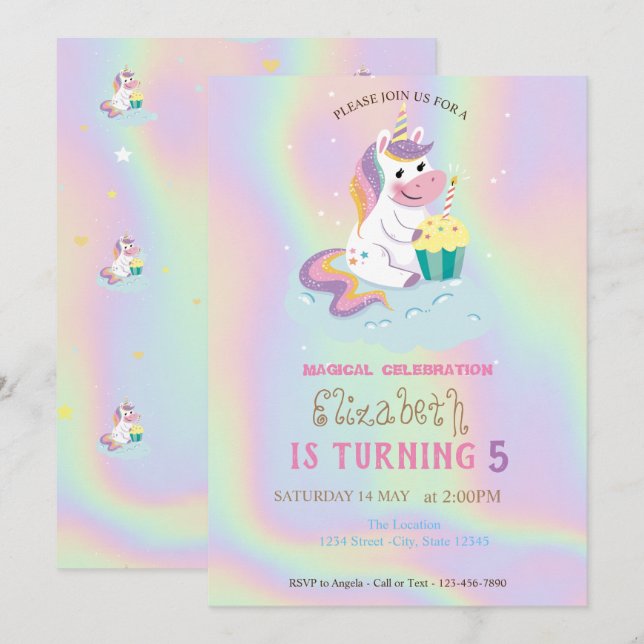 Invitación Cumpleaños Holográfico Arcoíris Unicornio Mágico (Anverso / Reverso)