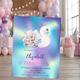 Invitación Cumpleaños holográfico azul flor cisne bebé lindo