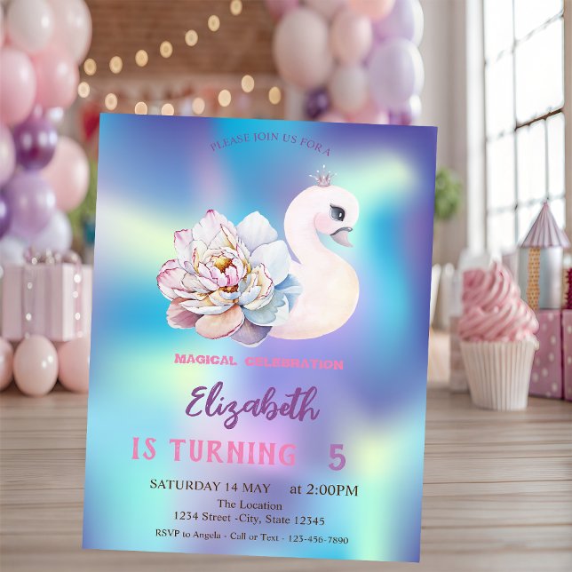 Invitación Cumpleaños holográfico azul flor cisne bebé lindo (Subido por el creador)