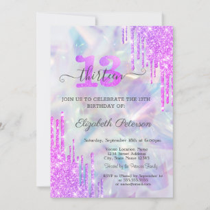 Invitación Cumpleaños holográfico con gotas de brillo violeta