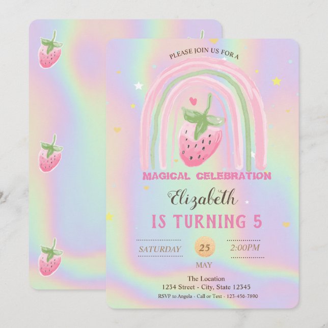 Invitación  Cumpleaños holográfico de fresa arcoíris  (Anverso / Reverso)