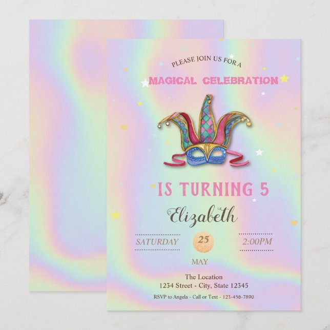 Invitación Cumpleaños holográfico de máscara (Anverso / Reverso)