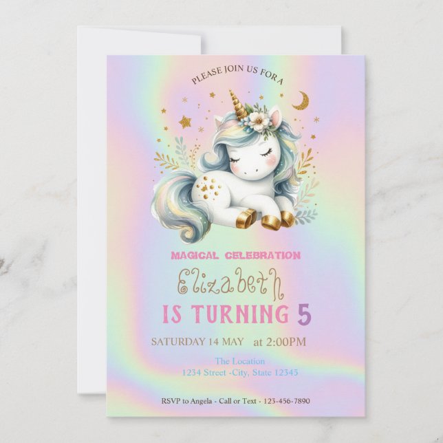 Invitación Cumpleaños Holográfico de Unicornio Arcoíris Chic  (Anverso)