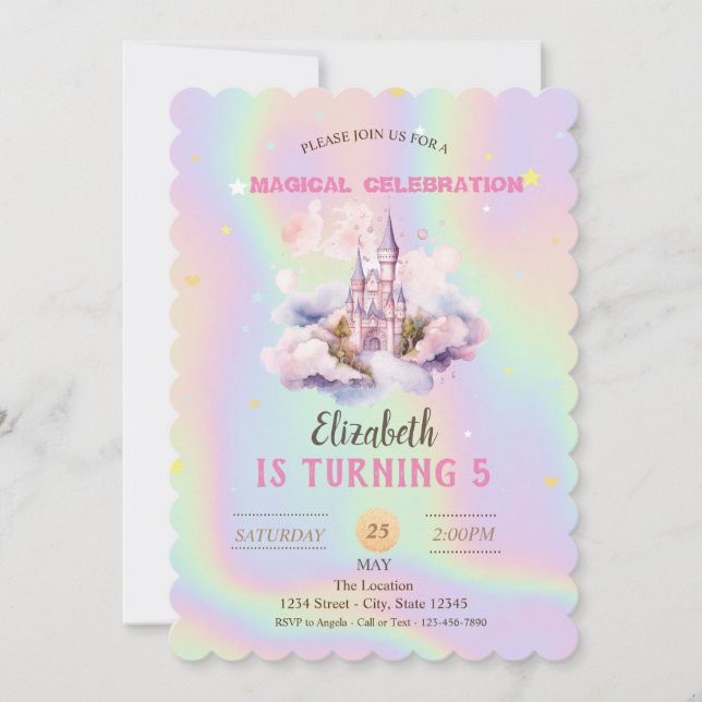 Invitación Cumpleaños holográfico del castillo de la princesa (Anverso)