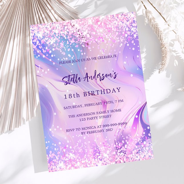 Invitación Cumpleaños holográfico rosa morado (Subido por el creador)