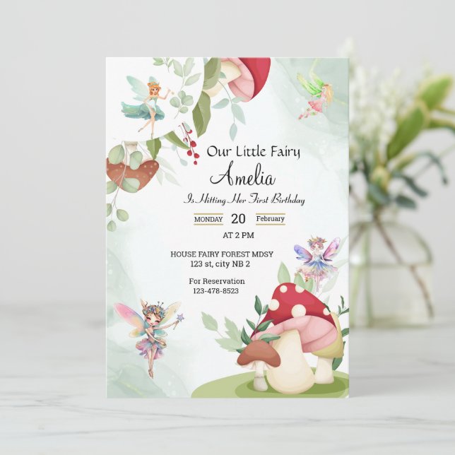 Invitación cumpleaños hongo hada bosque acuarela (Anverso de pie)