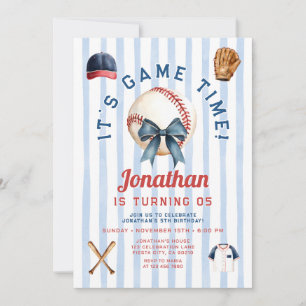 Invitación Cumpleaños Hora de Juego de Béisbol Niño con Lazo 