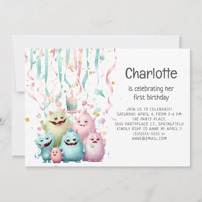 Invitación Cumpleaños horizontal de Cute Little Monsters niña (Anverso)