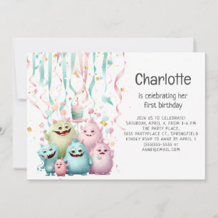 Invitación Cumpleaños horizontal de Cute Little Monsters niña