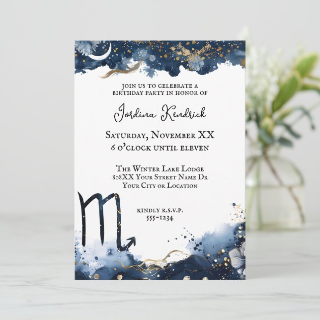 Invitación Cumpleaños Horóscopo Celeste Escorpio (Anverso de pie)