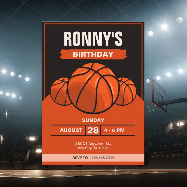 Invitación Cumpleaños icónico baloncesto negro naranja  (Subido por el creador)