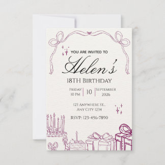 Invitación Cumpleaños ilustrado de 18 años en púrpura
