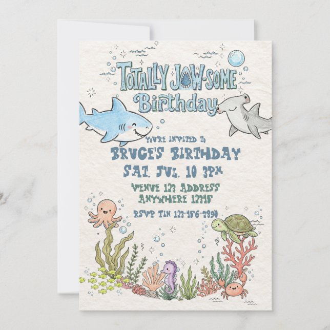 Invitación Cumpleaños ilustrado de tiburón totalmente genial (Anverso)